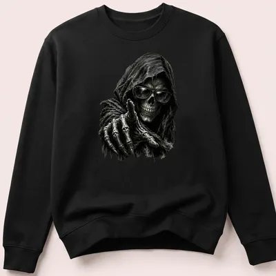 Detailed illustration of a grim reaper skull wearing sunglasses in black, gray, and white. — printed on a unisex sweatshirt