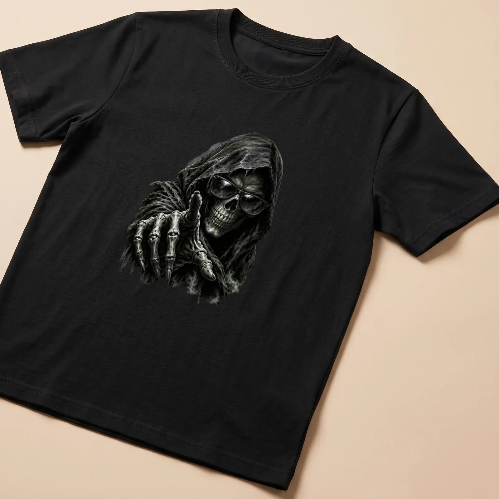 Detailed illustration of a grim reaper skull wearing sunglasses in black, gray, and white. — printed on a unisex t-shirt