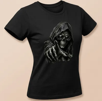 Detailed illustration of a grim reaper skull wearing sunglasses in black, gray, and white. — printed on a women's shirt