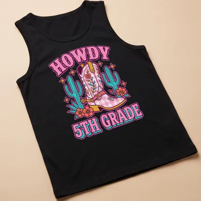 Colorful cartoon T-shirt featuring cowgirl boots and the phrase HOWDY 5TH GRADE — printed on a tank top