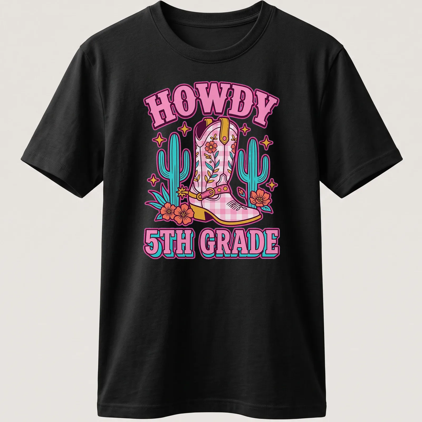 Colorful cartoon T-shirt featuring cowgirl boots and the phrase HOWDY 5TH GRADE — printed on a unisex t-shirt
