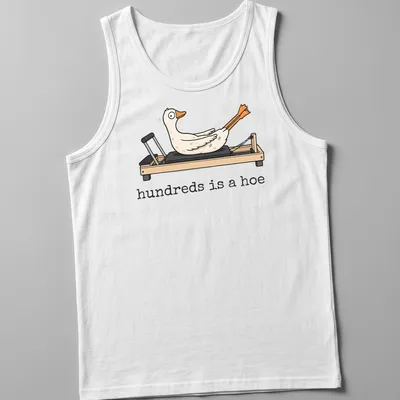 Cartoon goose doing Pilates with humorous text above in white and orange — printed on a tank top