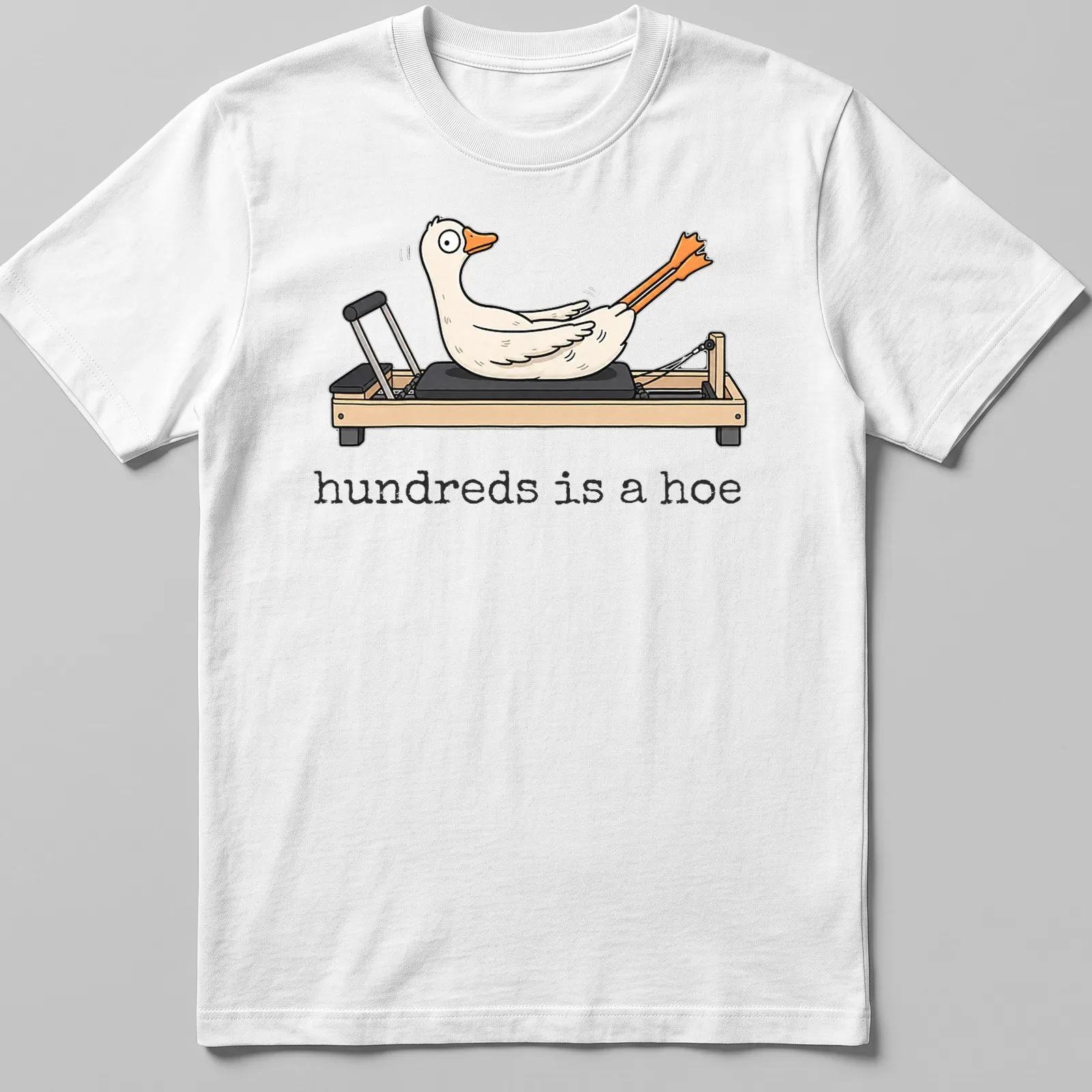 Cartoon goose doing Pilates with humorous text above in white and orange — printed on a unisex t-shirt