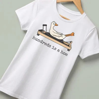 Cartoon goose doing Pilates with humorous text above in white and orange — printed on a women's shirt