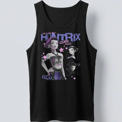 Illustration of Zoey character from HUNTRIX in purple, black, white, and pink — printed on a tank top