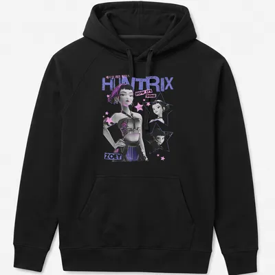 Illustration of Zoey character from HUNTRIX in purple, black, white, and pink — printed on a unisex hoodie