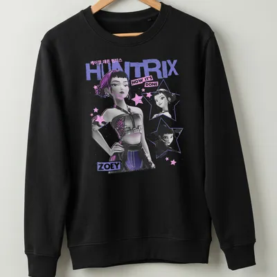 Illustration of Zoey character from HUNTRIX in purple, black, white, and pink — printed on a unisex sweatshirt