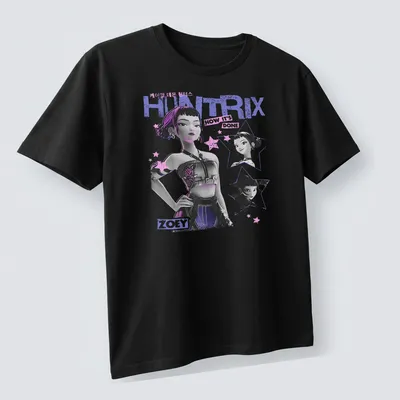 Illustration of Zoey character from HUNTRIX in purple, black, white, and pink — printed on a unisex t-shirt (angled view)