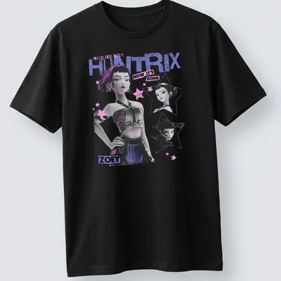 Illustration of Zoey character from HUNTRIX in purple, black, white, and pink — printed on a unisex t-shirt