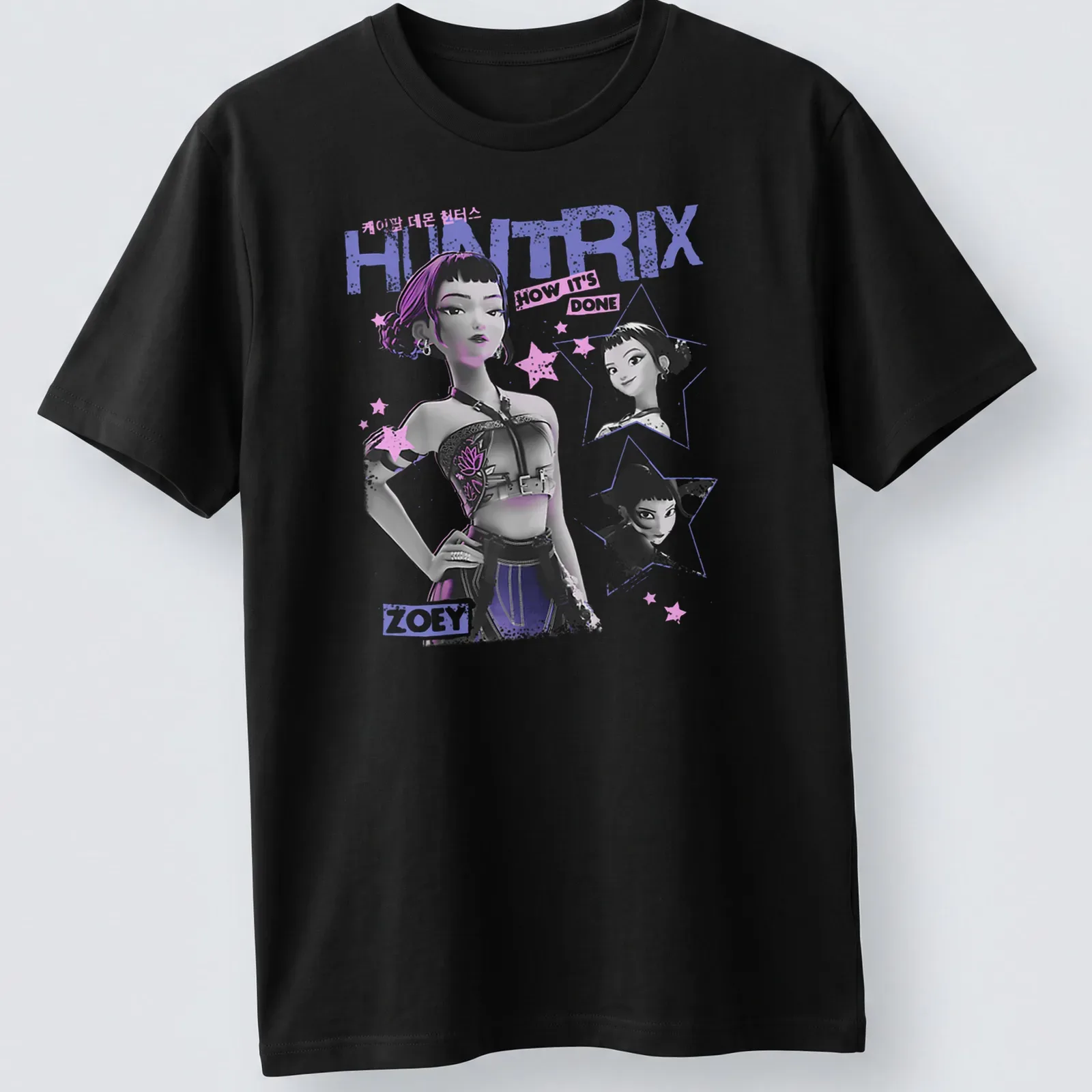 Illustration of Zoey character from HUNTRIX in purple, black, white, and pink — printed on a unisex t-shirt