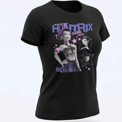 Illustration of Zoey character from HUNTRIX in purple, black, white, and pink — printed on a women's shirt