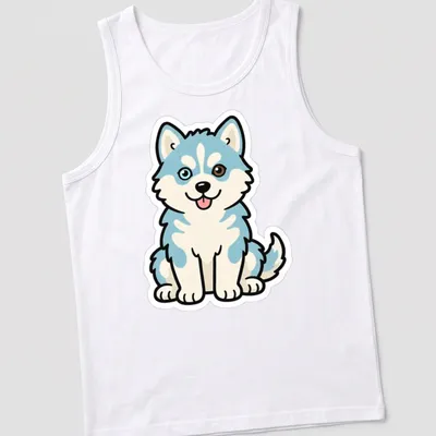 Kawaii line-art of a husky puppy with heterochromia eyes in light blue and brown — printed on a tank top