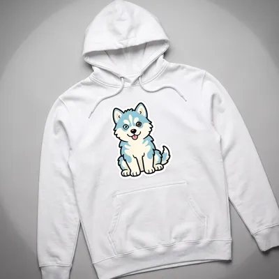 Kawaii line-art of a husky puppy with heterochromia eyes in light blue and brown — printed on a unisex hoodie
