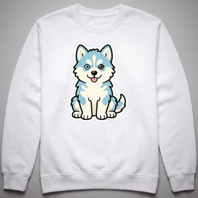 Kawaii line-art of a husky puppy with heterochromia eyes in light blue and brown — printed on a unisex sweatshirt