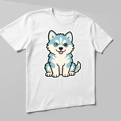 Kawaii line-art of a husky puppy with heterochromia eyes in light blue and brown — printed on a unisex t-shirt (angled view)