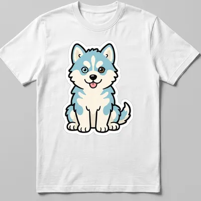 Kawaii line-art of a husky puppy with heterochromia eyes in light blue and brown — printed on a unisex t-shirt