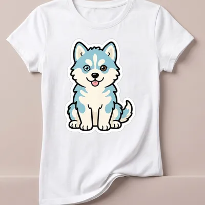 Kawaii line-art of a husky puppy with heterochromia eyes in light blue and brown — printed on a women's shirt