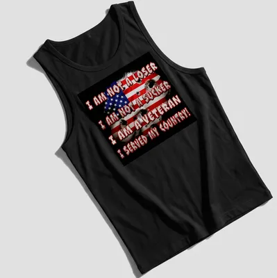 Grunge-style T-shirt with American flag and bold veteran message — printed on a tank top