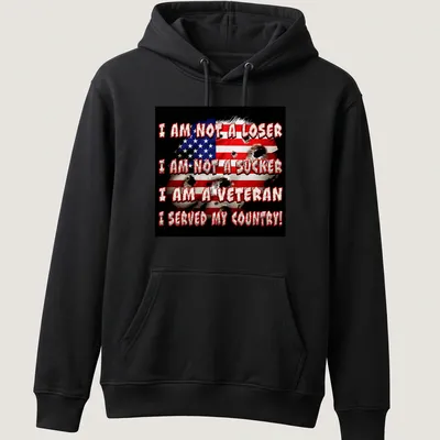 Grunge-style T-shirt with American flag and bold veteran message — printed on a unisex hoodie