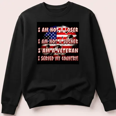 Grunge-style T-shirt with American flag and bold veteran message — printed on a unisex sweatshirt