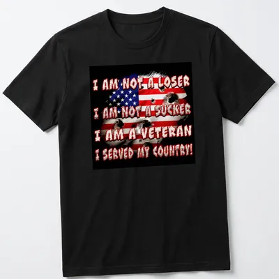 Grunge-style T-shirt with American flag and bold veteran message