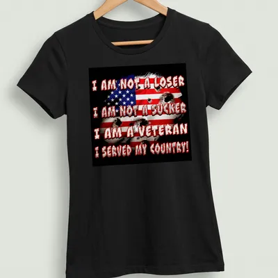 Grunge-style T-shirt with American flag and bold veteran message — printed on a women's shirt