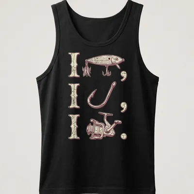 Vintage fishing shirt with tackle illustration and bold lettering — printed on a tank top