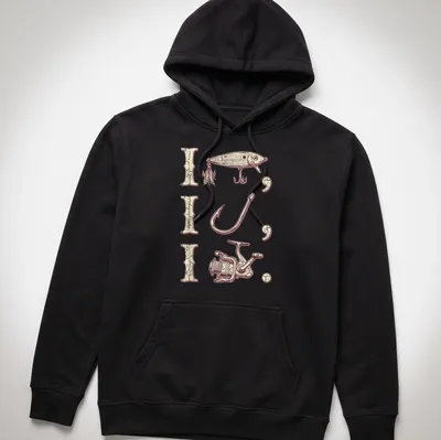 Vintage fishing shirt with tackle illustration and bold lettering — printed on a unisex hoodie
