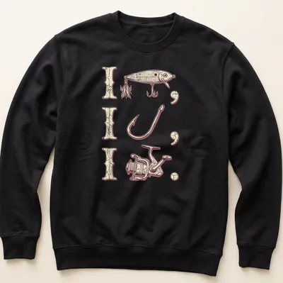 Vintage fishing shirt with tackle illustration and bold lettering — printed on a unisex sweatshirt