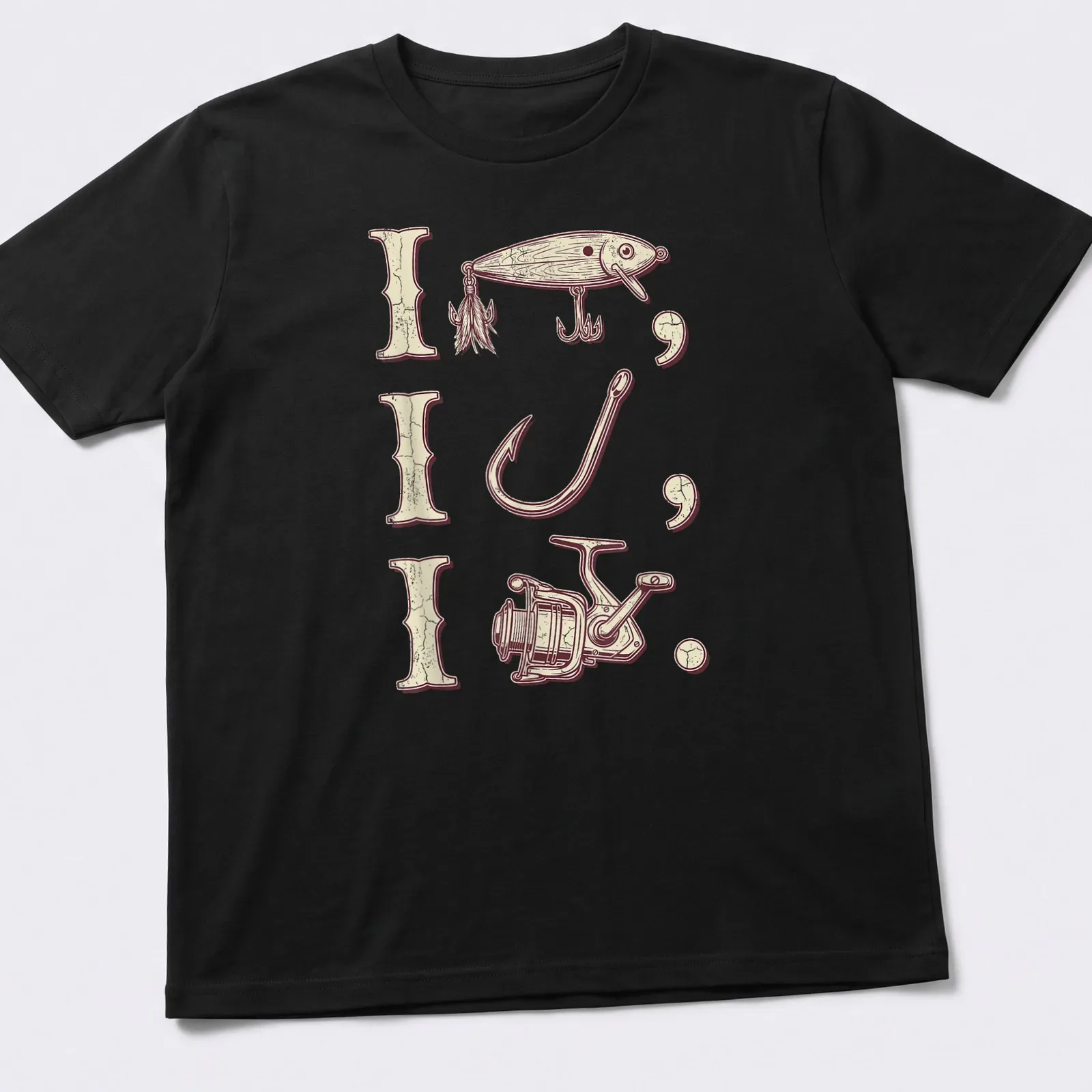 Vintage fishing shirt with tackle illustration and bold lettering — printed on a unisex t-shirt