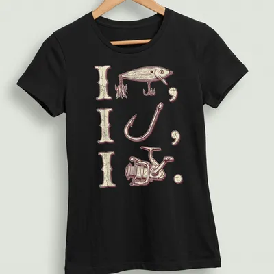 Vintage fishing shirt with tackle illustration and bold lettering — printed on a women's shirt