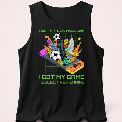 Colorful cartoon design featuring a video game controller and humorous text about gaming. — printed on a tank top
