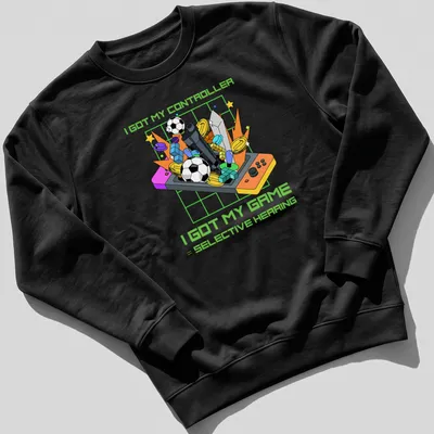 Colorful cartoon design featuring a video game controller and humorous text about gaming. — printed on a unisex sweatshirt