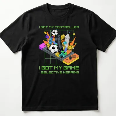 Colorful cartoon design featuring a video game controller and humorous text about gaming.