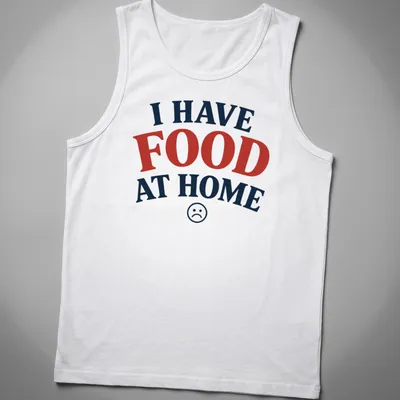 Bold typography t-shirt with sad face emoticon and humorous quote about food — printed on a tank top