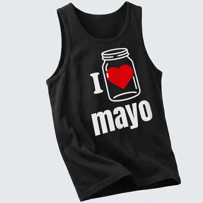 Illustration of a jar with the text I Heart mayo in red and white — printed on a tank top
