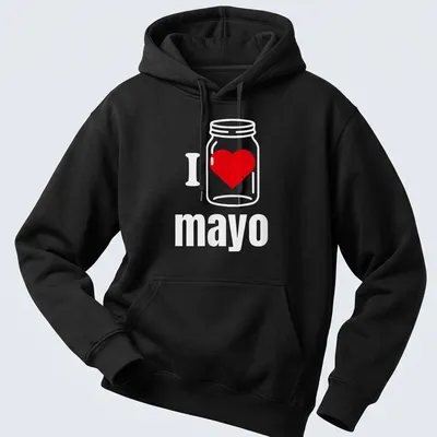 Illustration of a jar with the text I Heart mayo in red and white — printed on a unisex hoodie