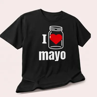Illustration of a jar with the text I Heart mayo in red and white — printed on a unisex t-shirt (angled view)