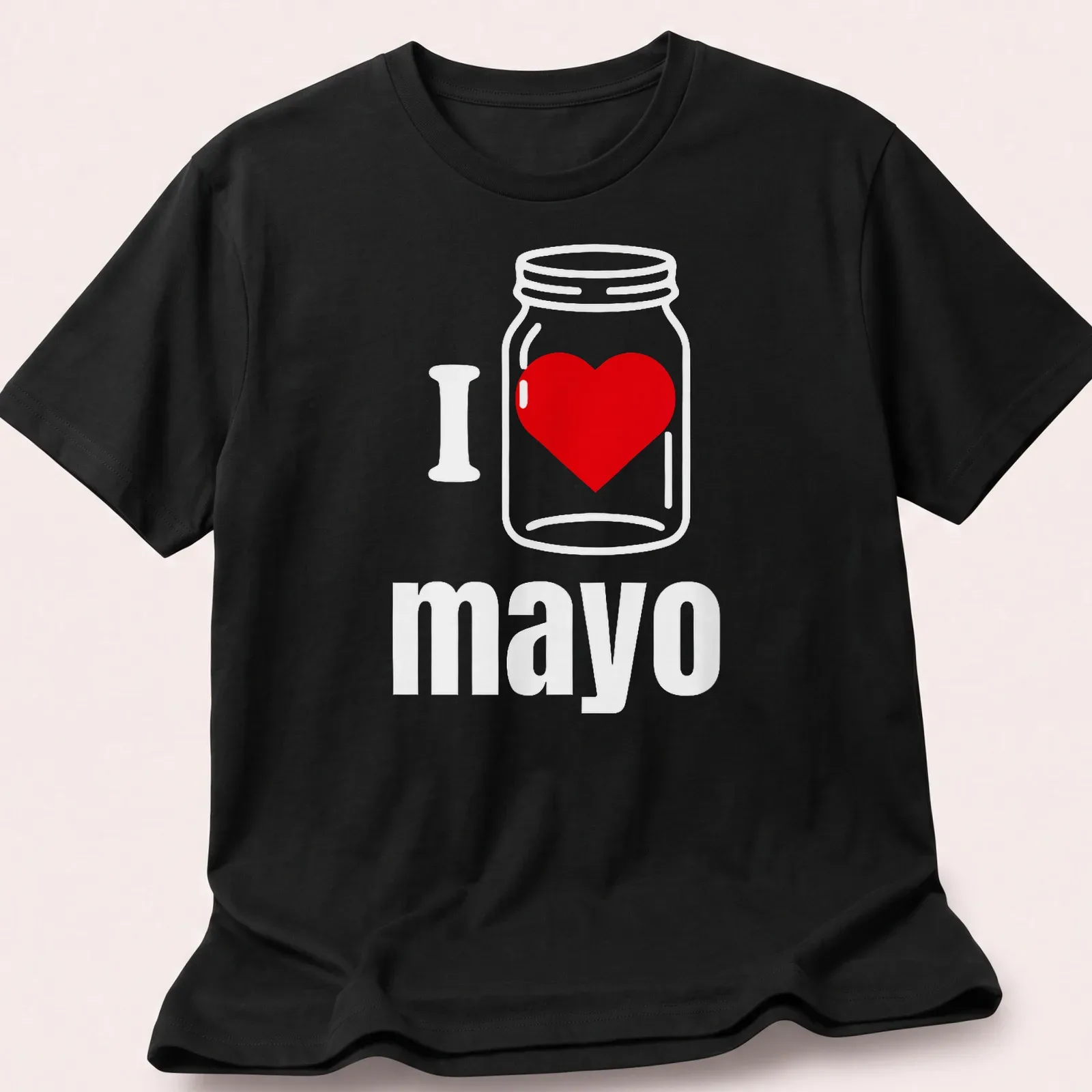 Illustration of a jar with the text I Heart mayo in red and white — printed on a unisex t-shirt