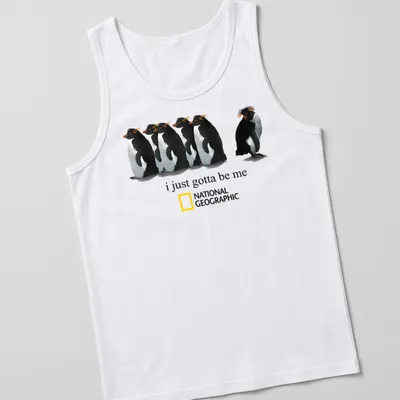 Illustrative penguin design with the text 'i just gotta be me' in black and orange. — printed on a tank top