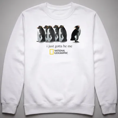 Illustrative penguin design with the text 'i just gotta be me' in black and orange. — printed on a unisex sweatshirt