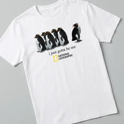 Illustrative penguin design with the text 'i just gotta be me' in black and orange.