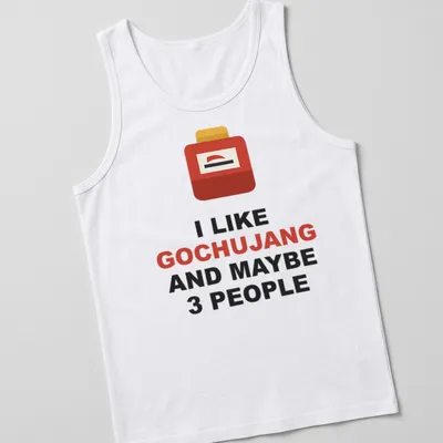 Minimalist T-shirt with bold text about gochujang and a container graphic — printed on a tank top
