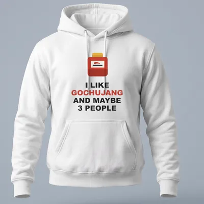 Minimalist T-shirt with bold text about gochujang and a container graphic — printed on a unisex hoodie