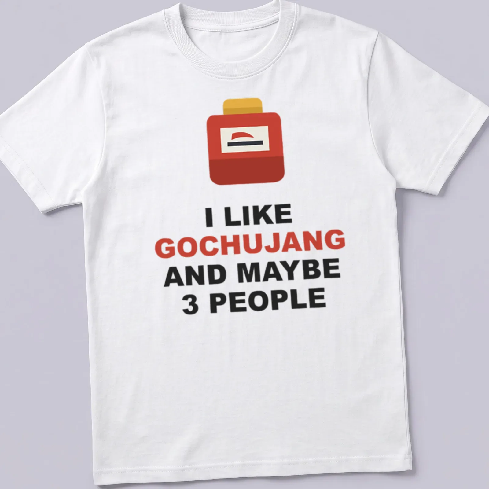 Minimalist T-shirt with bold text about gochujang and a container graphic — printed on a unisex t-shirt