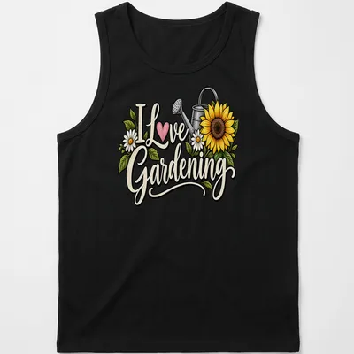 Vintage floral design featuring a watering can with sunflowers and daisies — printed on a tank top