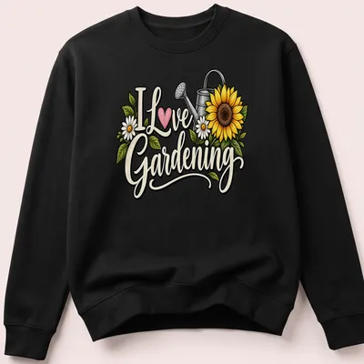 Vintage floral design featuring a watering can with sunflowers and daisies — printed on a unisex sweatshirt