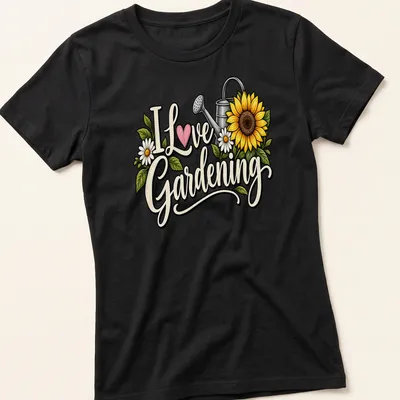 Vintage floral design featuring a watering can with sunflowers and daisies — printed on a women's shirt