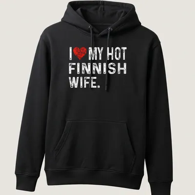 Distressed heart design t-shirt expressing love for a hot Finnish wife — printed on a unisex hoodie