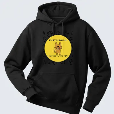 Kawaii cartoon dog design with bilingual text in yellow, black, and white — printed on a unisex hoodie